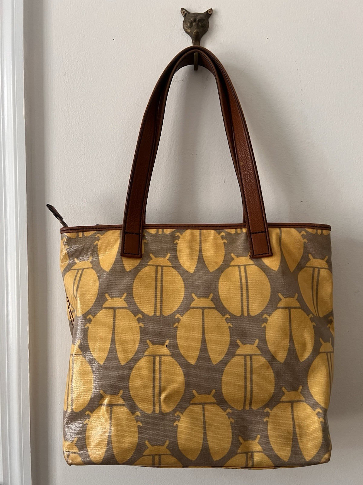 Fossil Key Per Yellow Coated Canvas Leather Trim Ladybug Printed Tote Bag