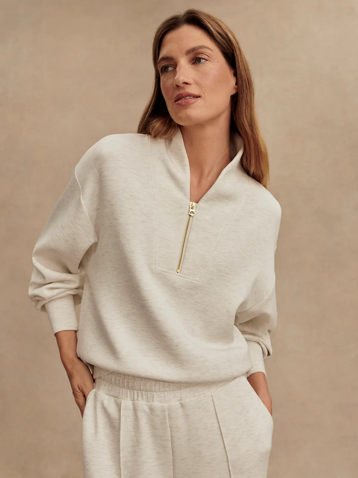 🧡NWT*Varley Davidson Sweat Half Zip Doublesoft Fabric Women’s Size S Ivory Marl