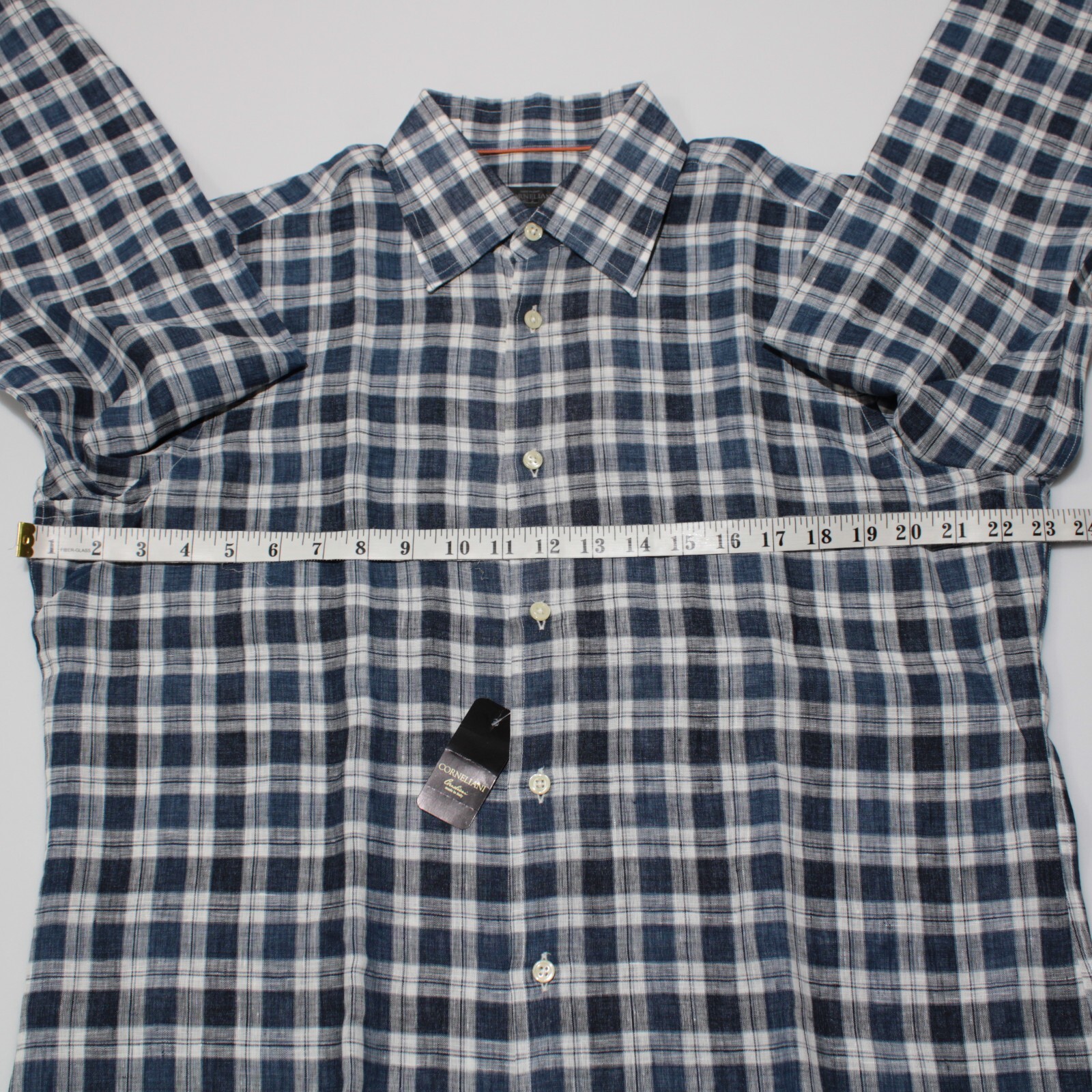 Corneliani NWT Casual Button Down Shirt Size M In Blue Plaid Linen