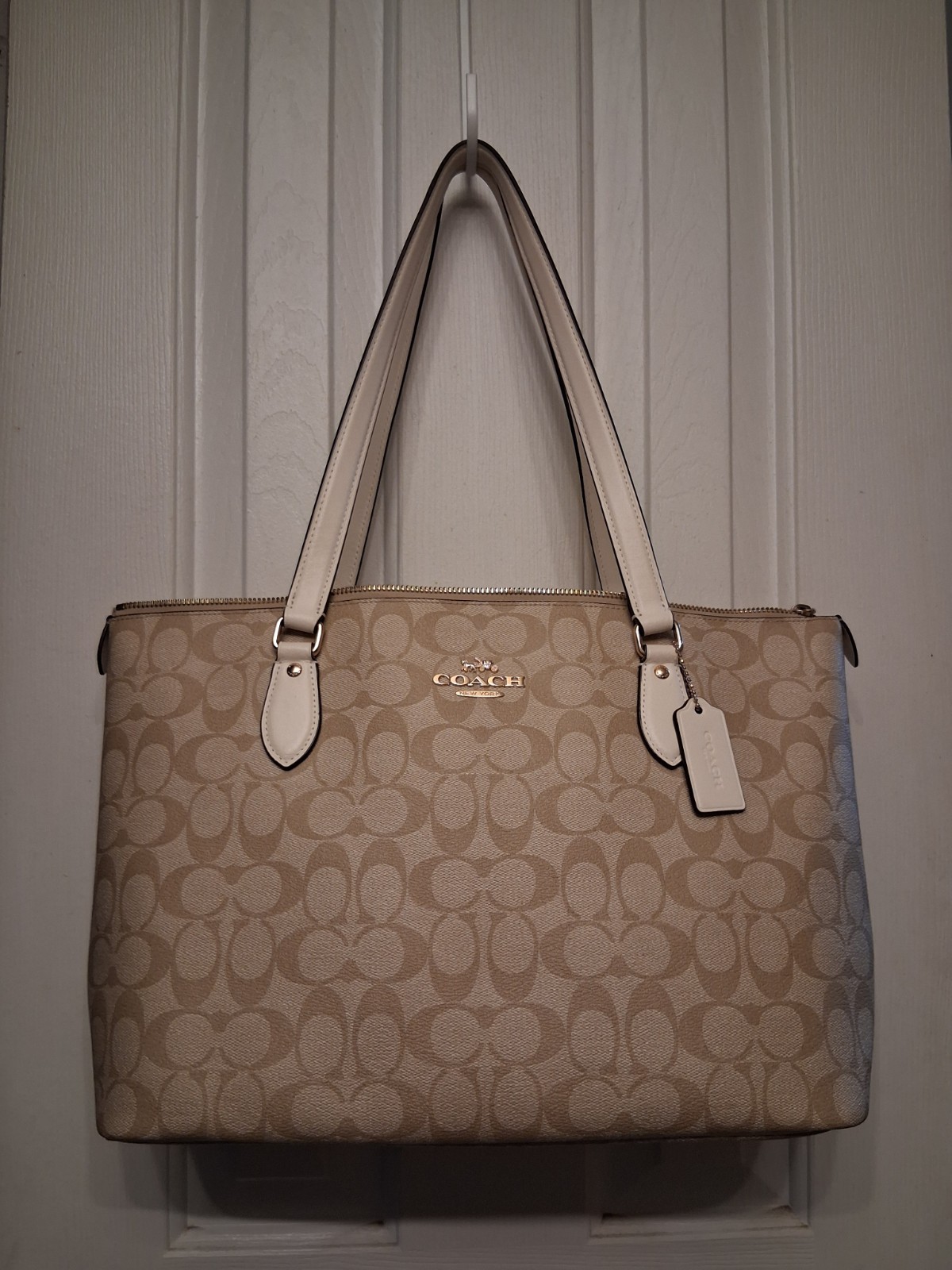 Coach CH504 Cream, Tan Canvas and Leather Signature Gallery Tote Bag Purse