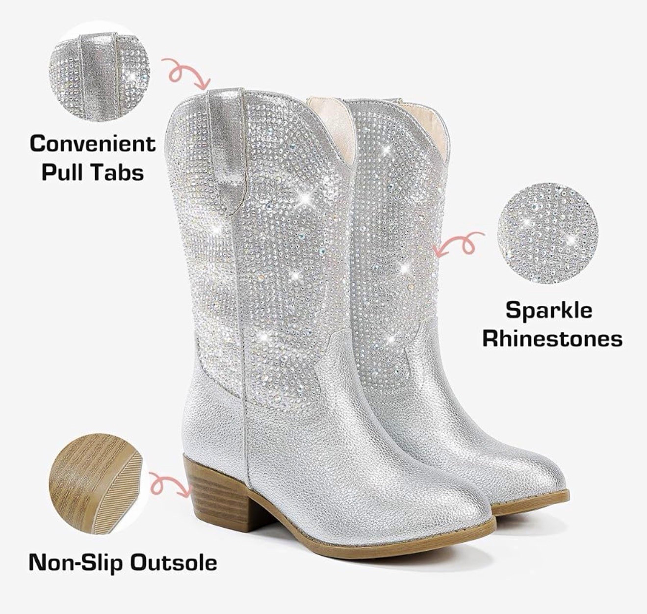 Girls Silver Western Cowgirl Pull-On Mid-Calf Boots Rhinestone Glitter 4