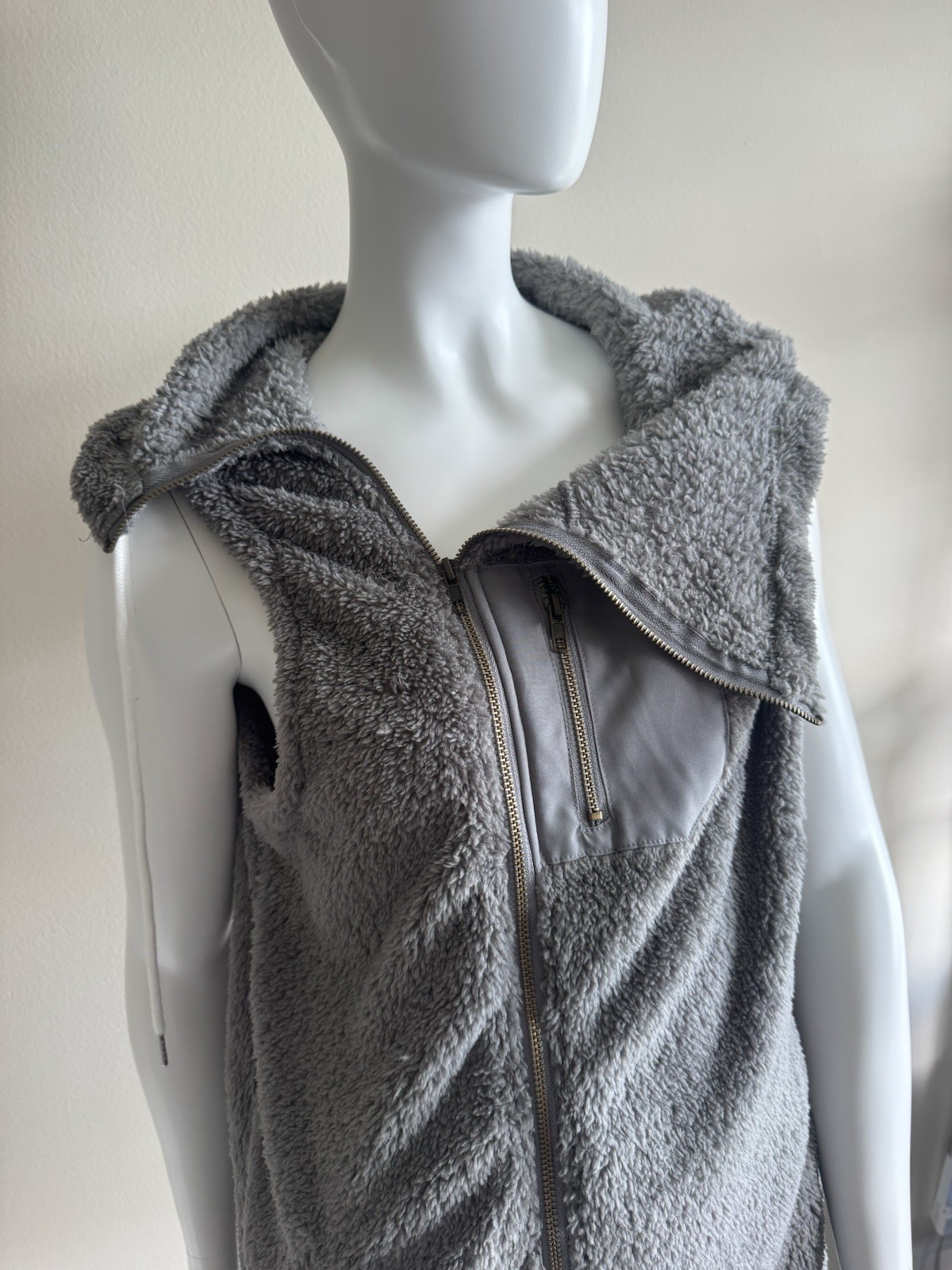 Gray Sherpa Hooded Asymmetric Zip Vest