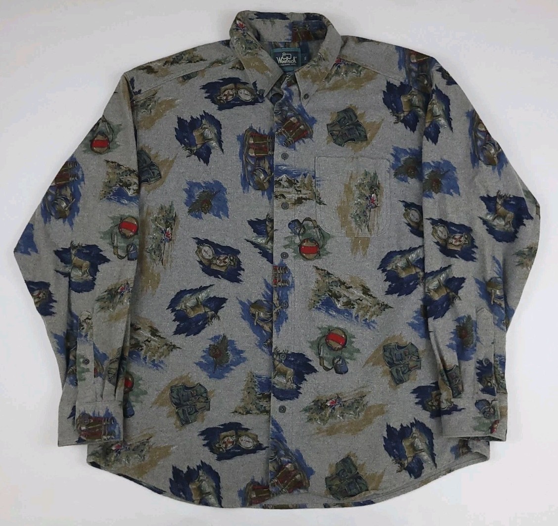 Vintage Woolrich Outdoor Nature Hiking Gear Pattern Flannel Shirt Rare USA Made