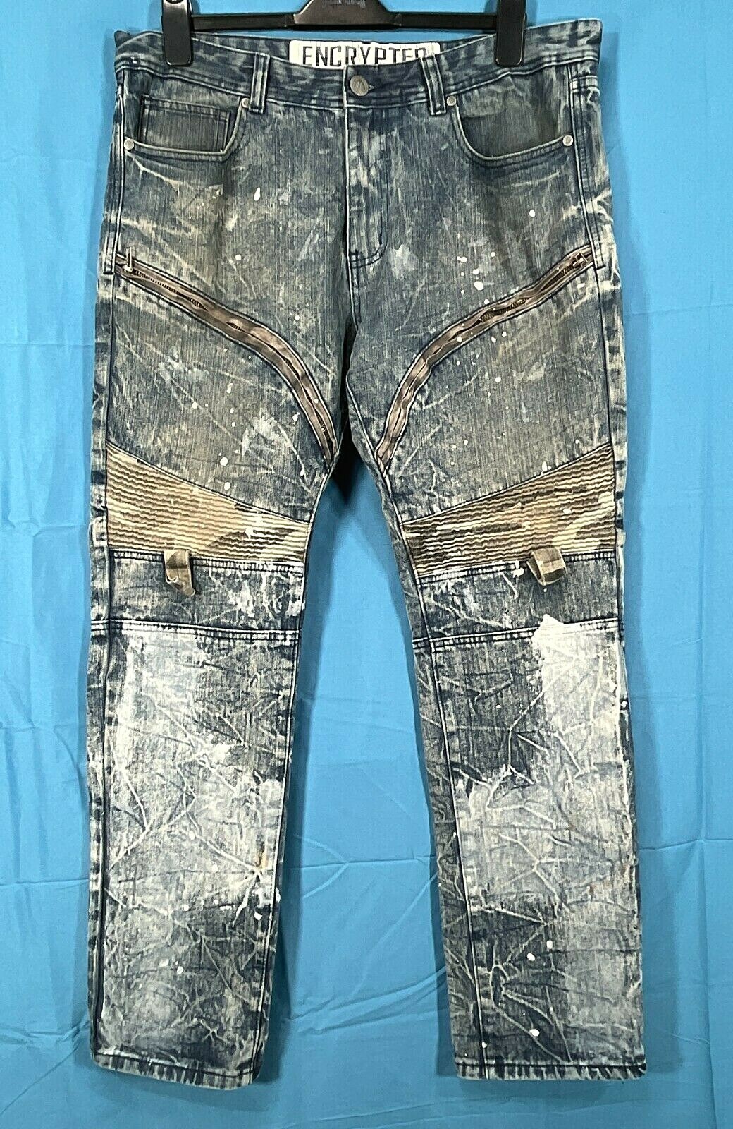VTG ENCRYPTED Distressed ACID WASH Denim PAINT SPLATTER Zipper MOTO Jeans 38-32