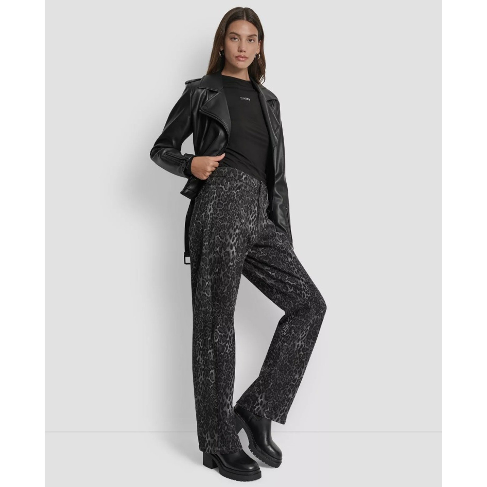DKNY Women Black Leopard Print Mid Rise Straight Leg Relaxed Jeans Size 32
