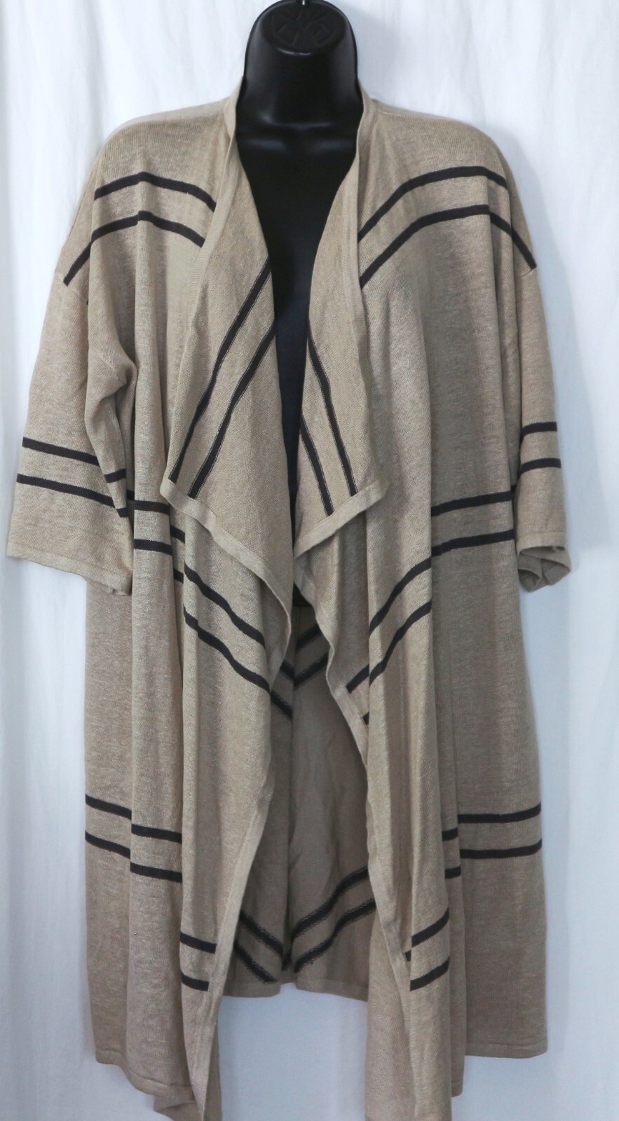 GARNET HILL Beige Strpd Clsrlss Linen Duster 44 In Chest 33.5 In Long Sz M EXC