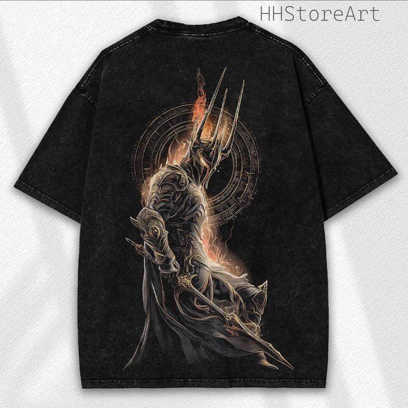 Dark Shadow Overlord Washed Tee: Vintage Fantasy Knight Graphic Shirt