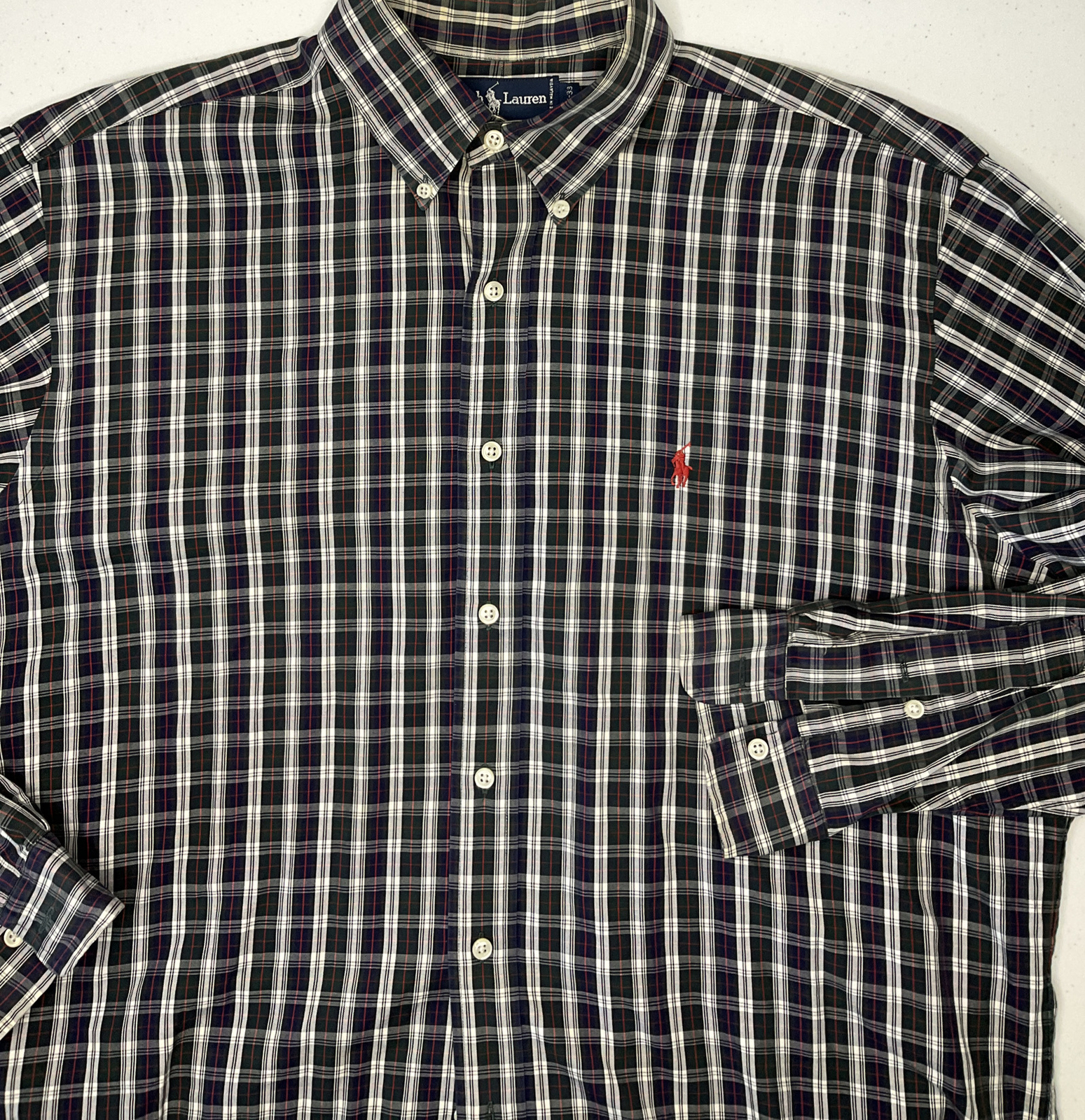 Polo Ralph Lauren Shirt Men Sz 16.5 Yarmouth Tartan Plaid Long Sleeve Retro Pony