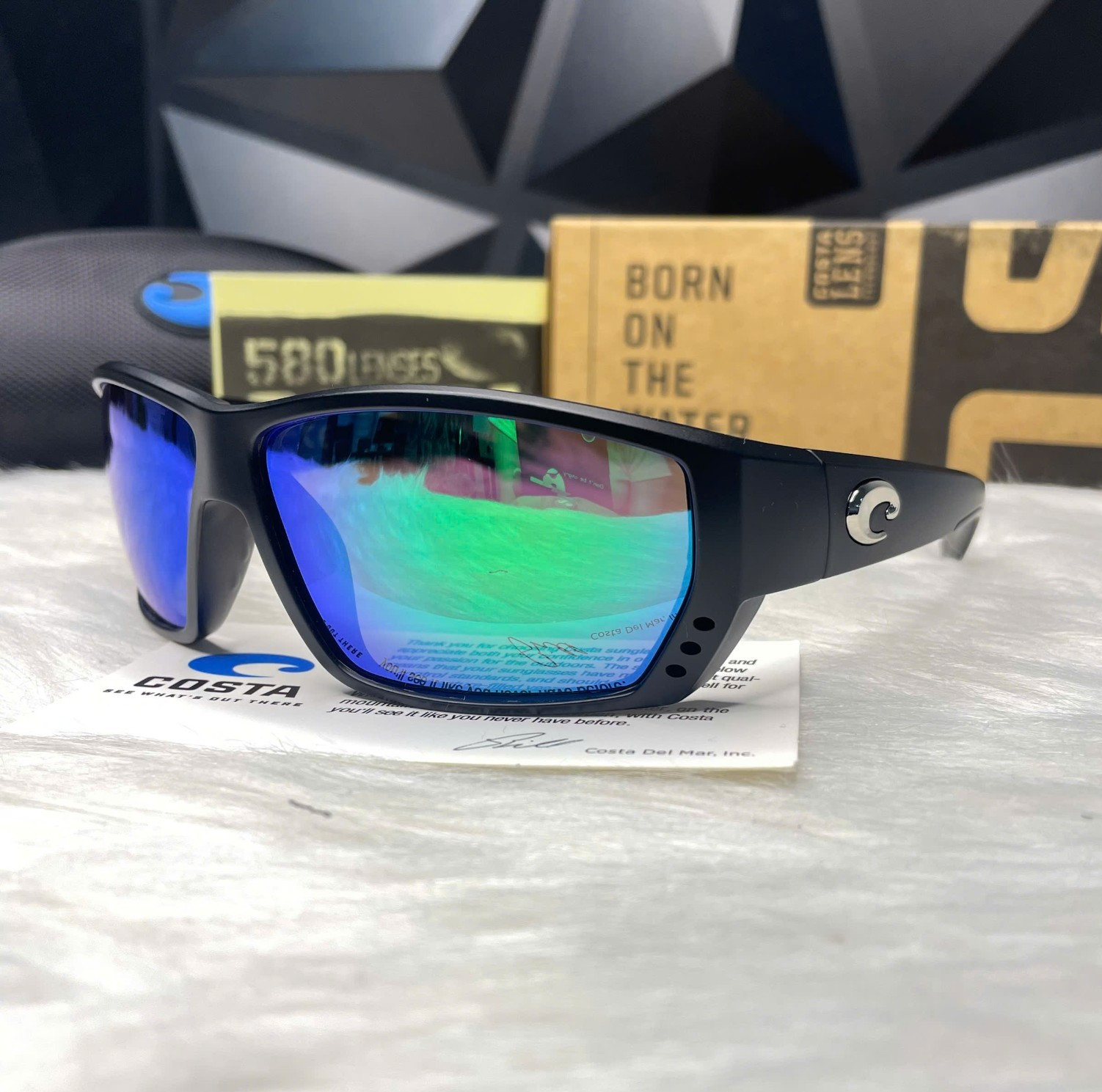 NEW Costa Del Mar Tuna Alley Black Frame Blue Mirror 580P Polarized Sunglasses