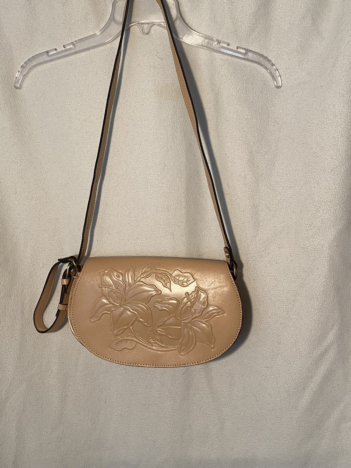 Patricia Nash Embossed Floral Leather Saddle Crossbody – Tan Nude Boho