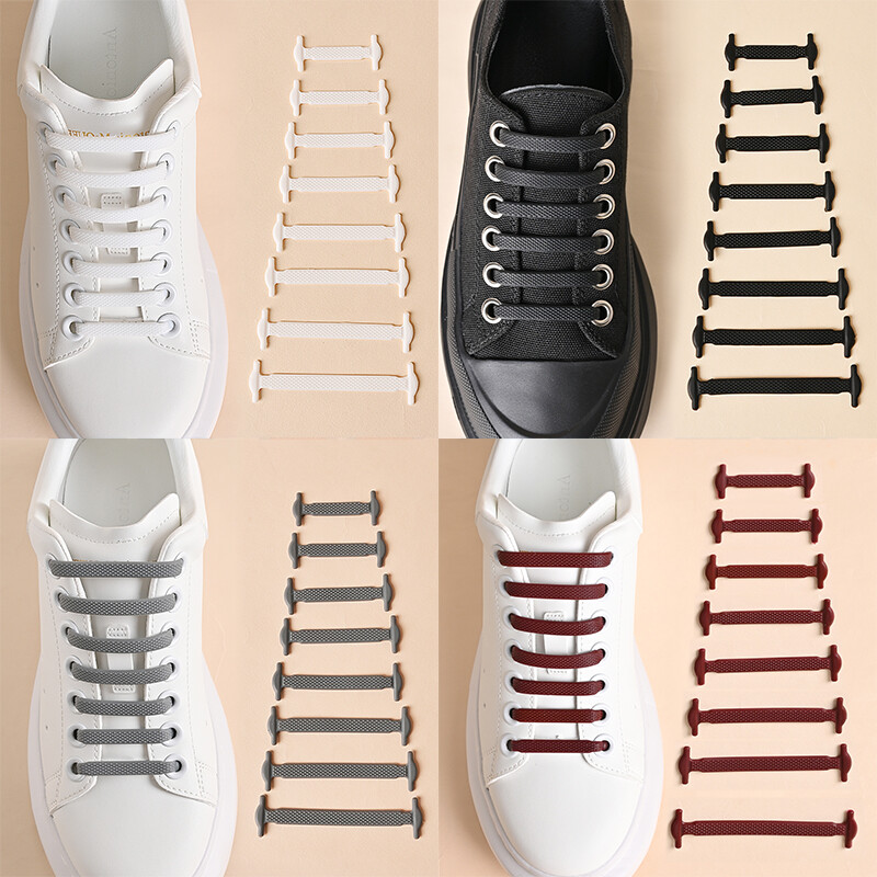 14 Black/White Elastic Lacing System Laceless Slip On No Tie Shoe Laces Silicone