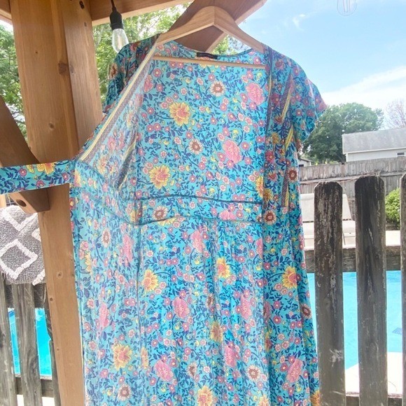 Pretty Garden Floral Wrap Maxi Dress, Womens M Blue Flutter Sleeves Romantic