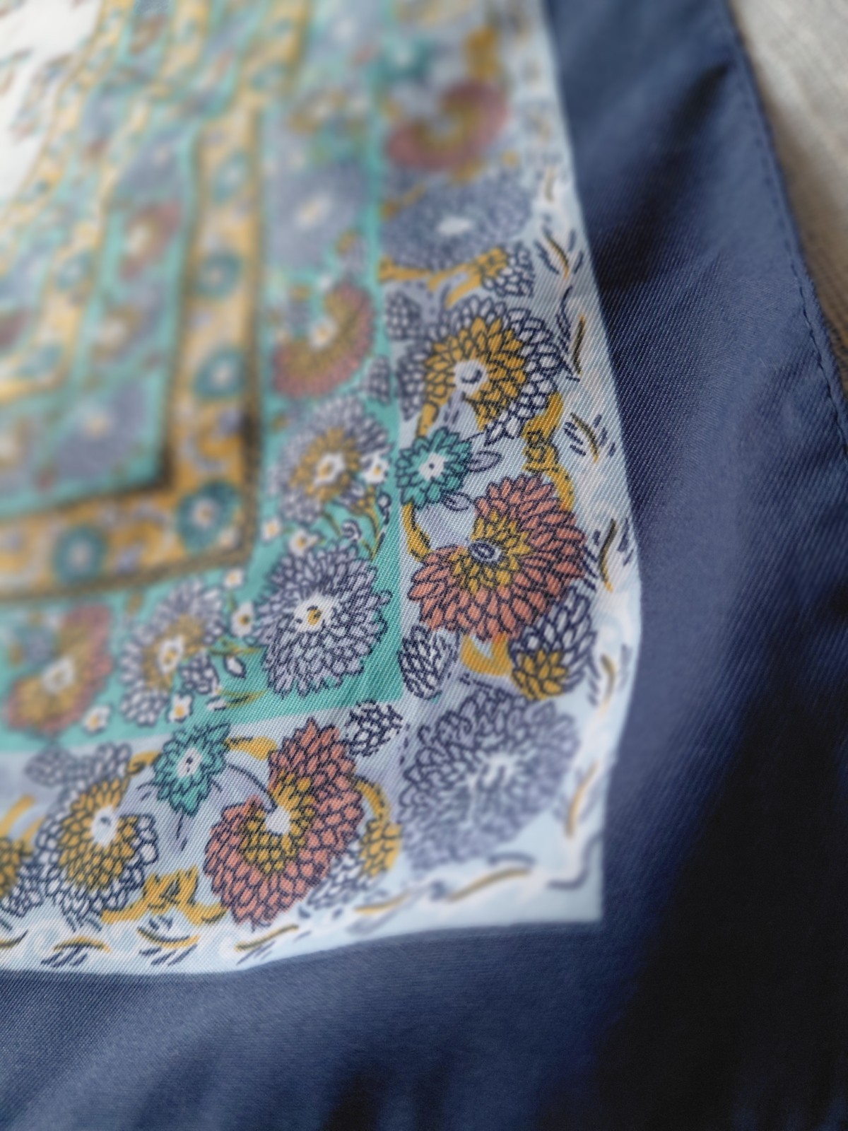 Vintage Blue Floral Medallion Square Scarf Boho Festival Head Wrap Neckerchief