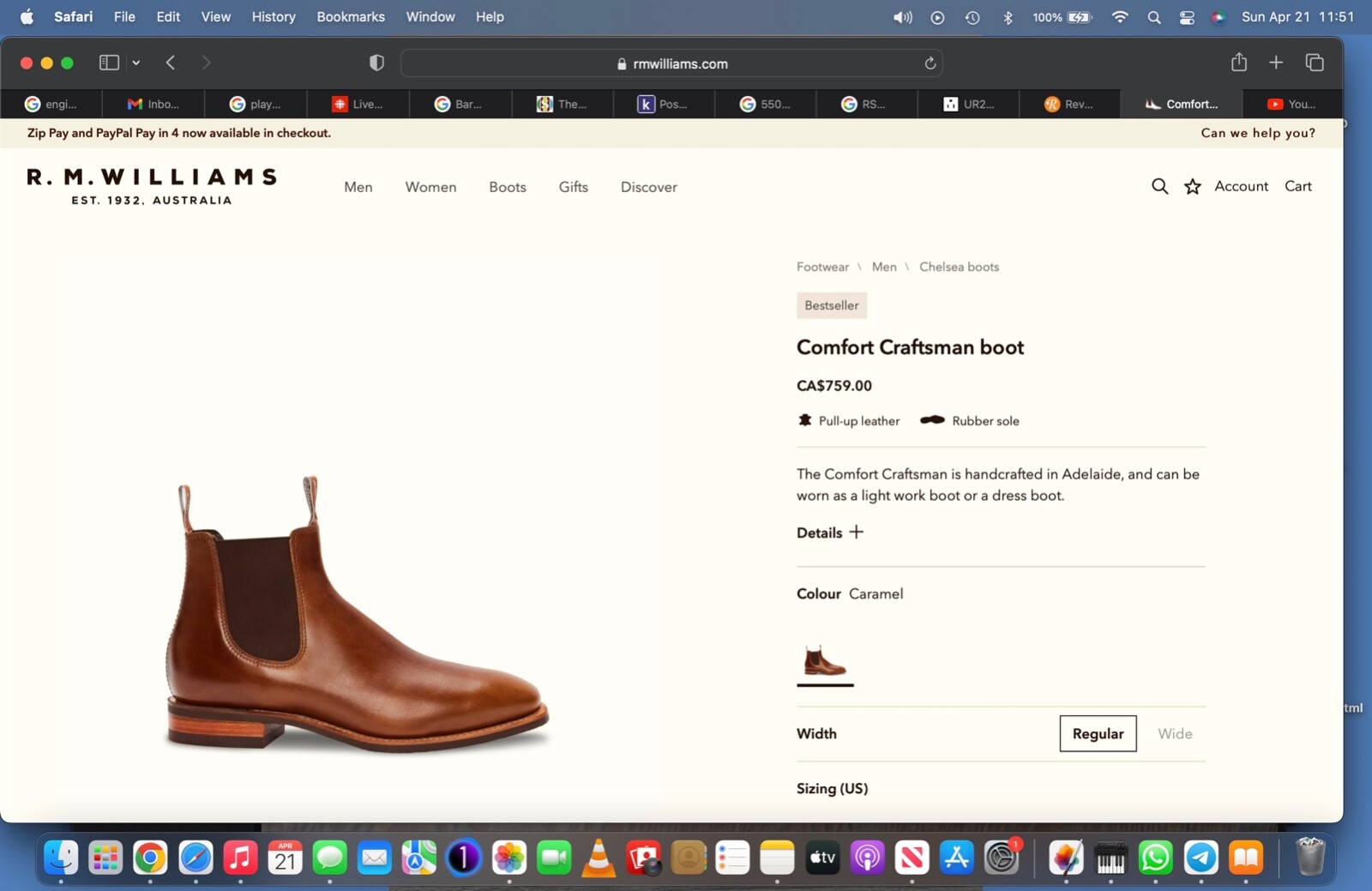 RM Williams Comfort Craftsman Boot (Caramel) Size 9US