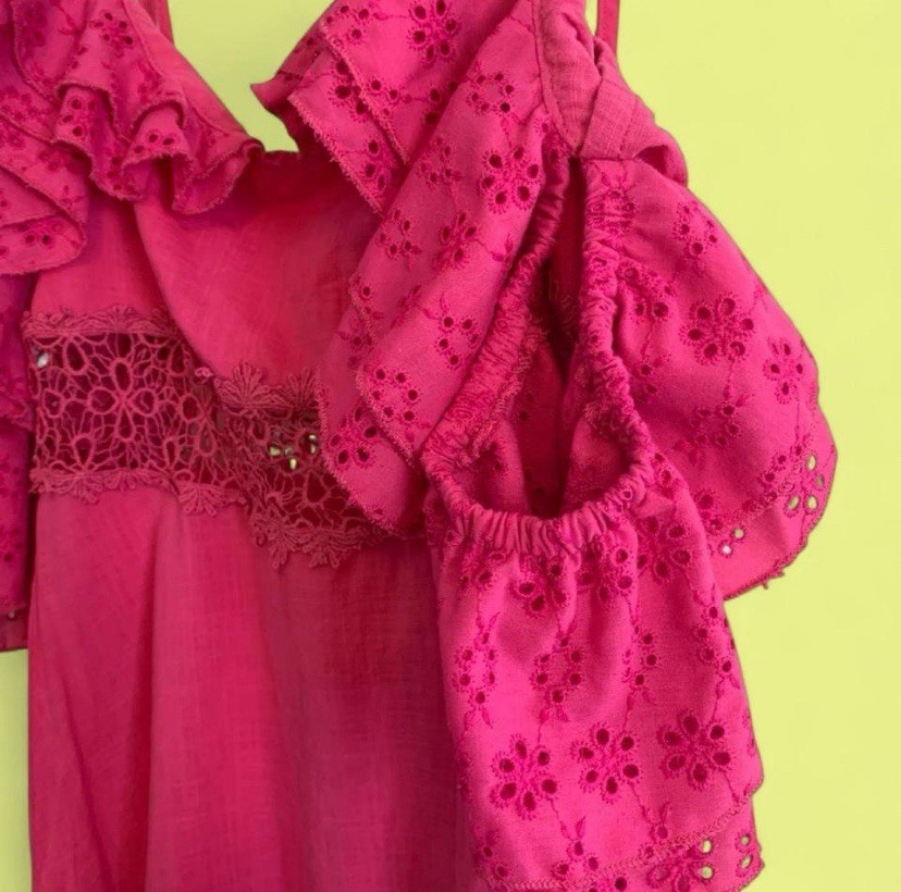 SheIn Pink Eyelet Ruffle Embroidered Strappy V-Neck Midi Slip Dress L