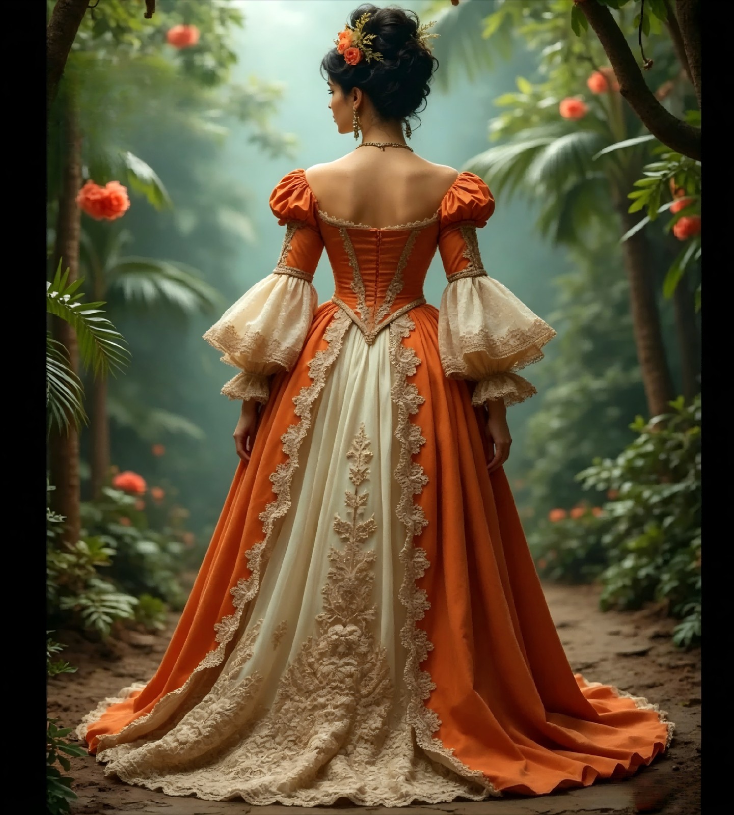 Orange Victorian Lace Ball Gown Renaissance Puff Sleeve Costume Dress With Train