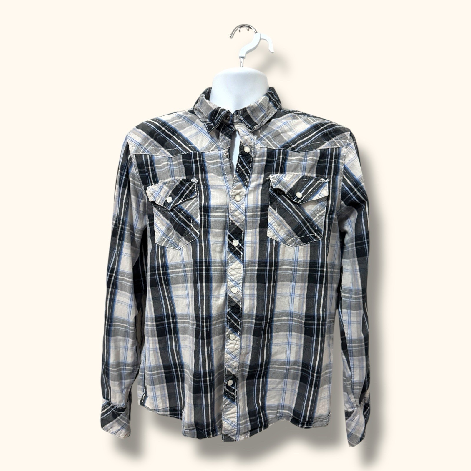 Supply Company USA Mens Gray Plaid Western Pearl Snap Collar Shirt M Cowboy