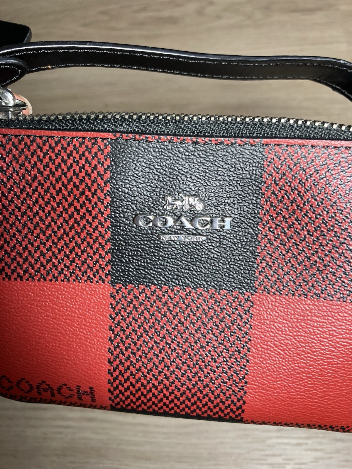 COACH Nolita 15 Zip Wristlet Pouch Red Black Buffalo Plaid Vegan Leather C1580