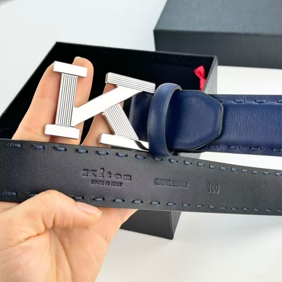 NEW KITON BELT 100% LEATHER BLUE/BIACK MEN’S “K” BELT