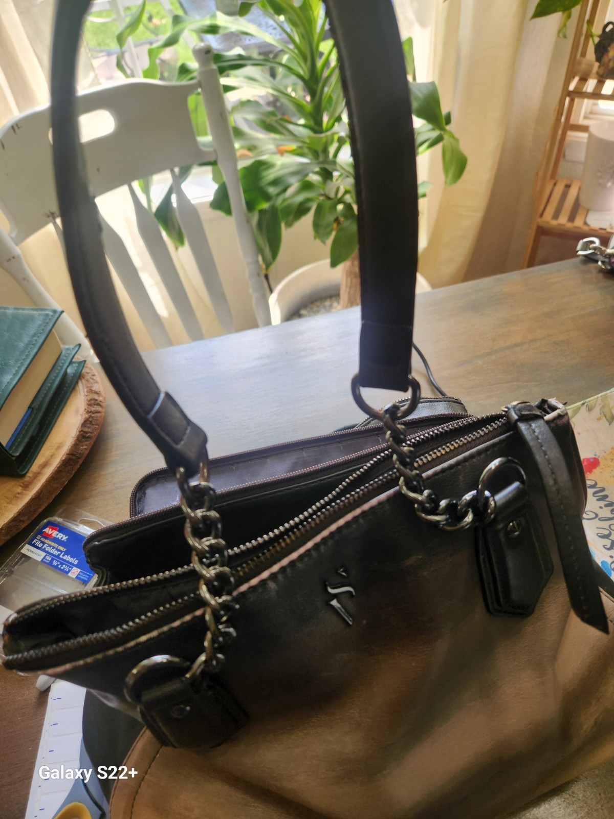 Simply Vera Vera Wang Brown/Black Satchel Top Handle Bag Chain Handles Multi Zip