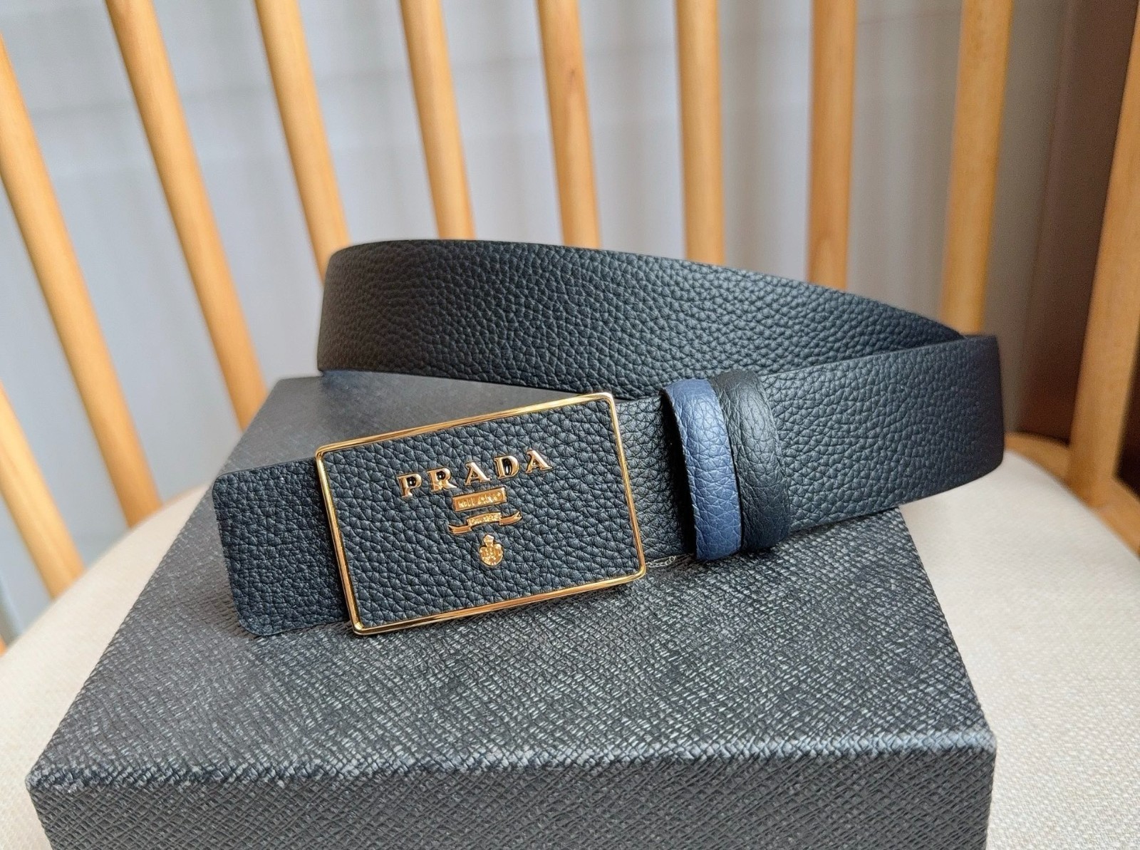 PRADA Reversible Leather Belt Black Navy 35MM Gold Logo Buckle w/ Box
