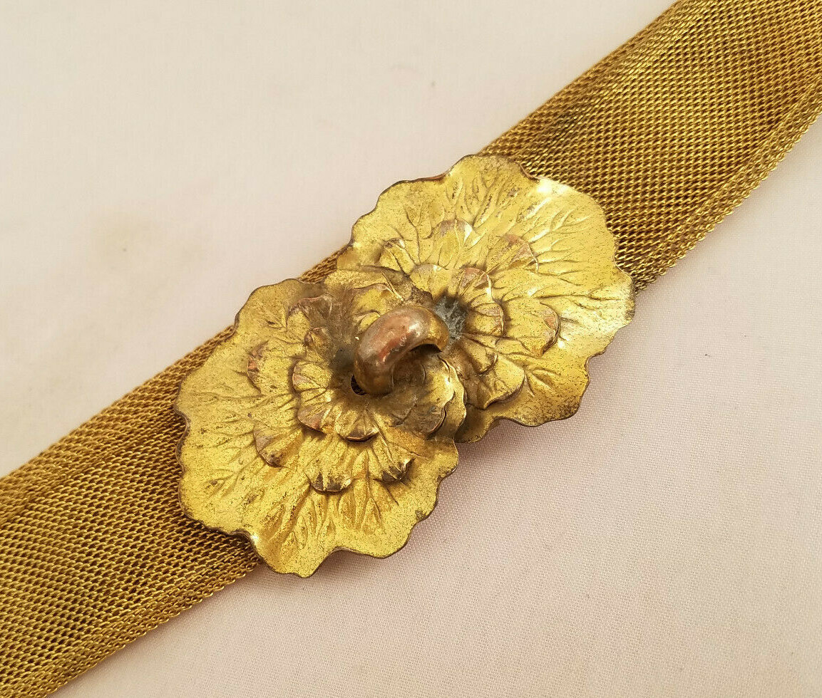 Antique Brass Mesh Belt Art Nouveau Floral Leaf Design Small Waist Natural