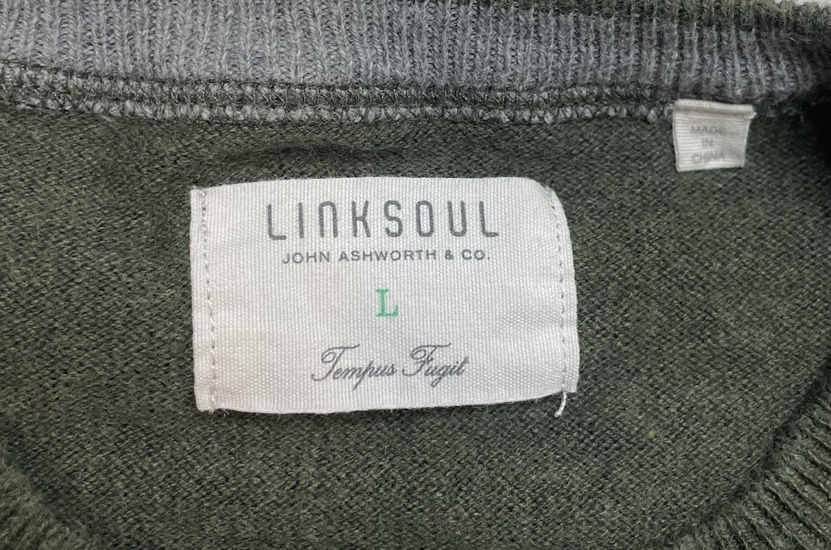 Linksoul Men’s Size L Large Cotton Cashmere Sweater Green Elbow Patches Luxury
