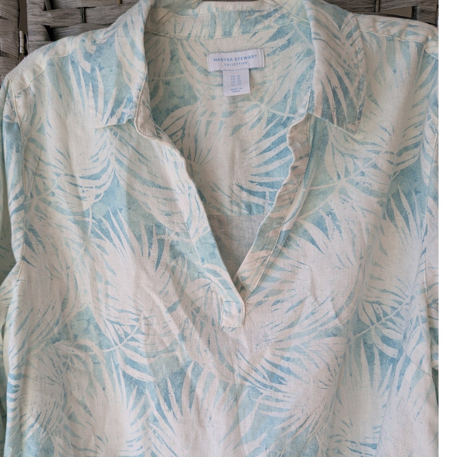 Martha Stewart Light Blue White Palm Print Linen Blend Tunic Top 1X Resortwear