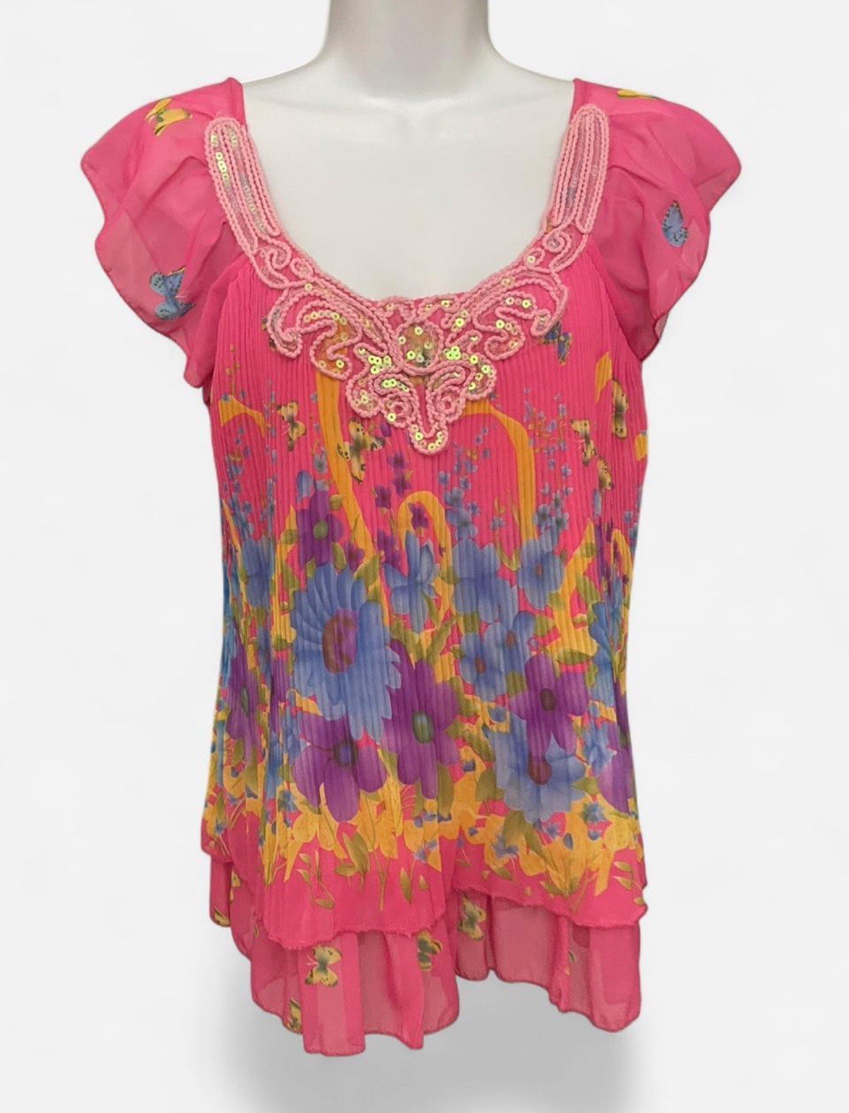Pink Floral Embellished Sequin Flutter-Sleeve Blouse Top Women’s Size M