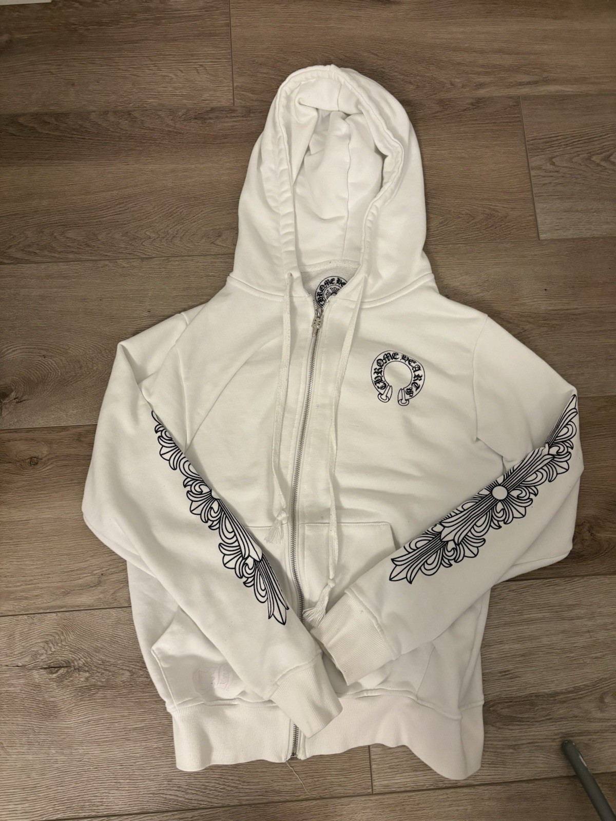 Chrome Hearts Men’s White Full Zip Hooded Cotton Knit Logo Hoodie Size S