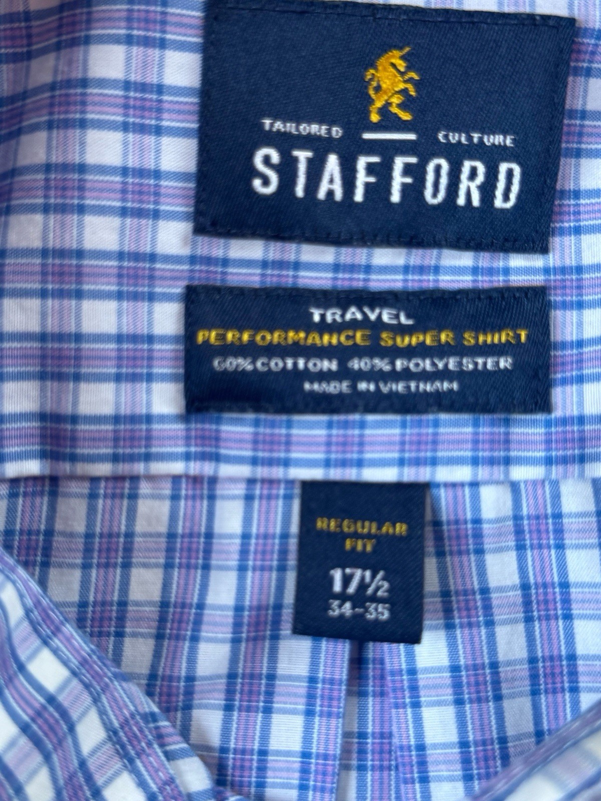 Stafford Travel Performance Super Shirt Men’s 17 1/2 34-35 Blue Plaid LS