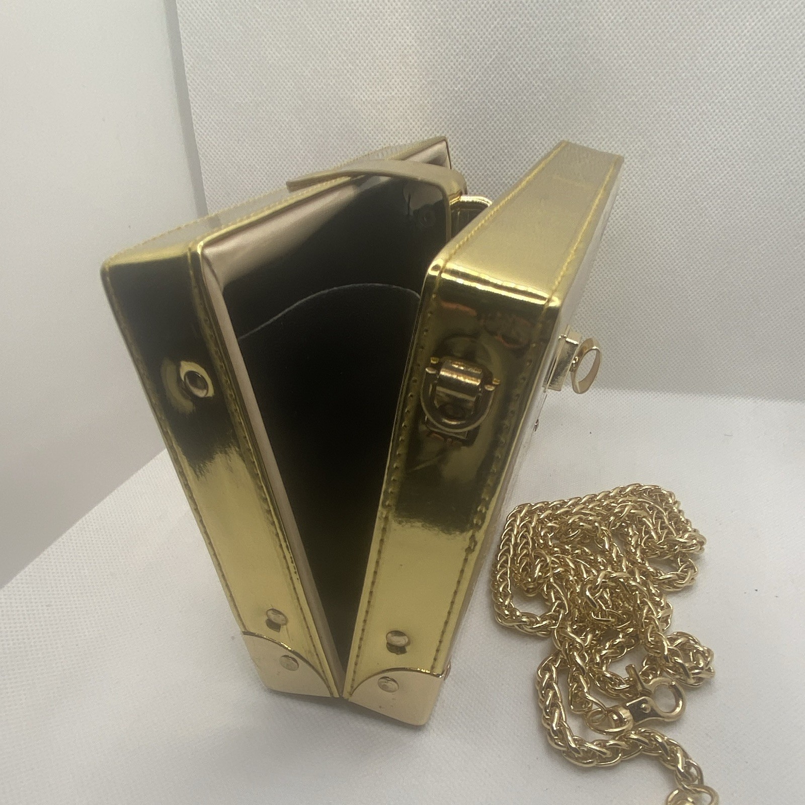 Gold Polished Metal Box Crossbody Bag w/ Detachable Chain Strap, Studs, Latch
