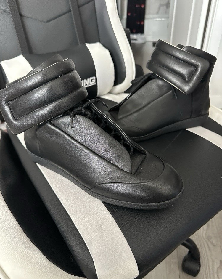 Maison Martin Margiela Men’s Black Leather High-Top Lace-Up Hook & Loop Sneaker
