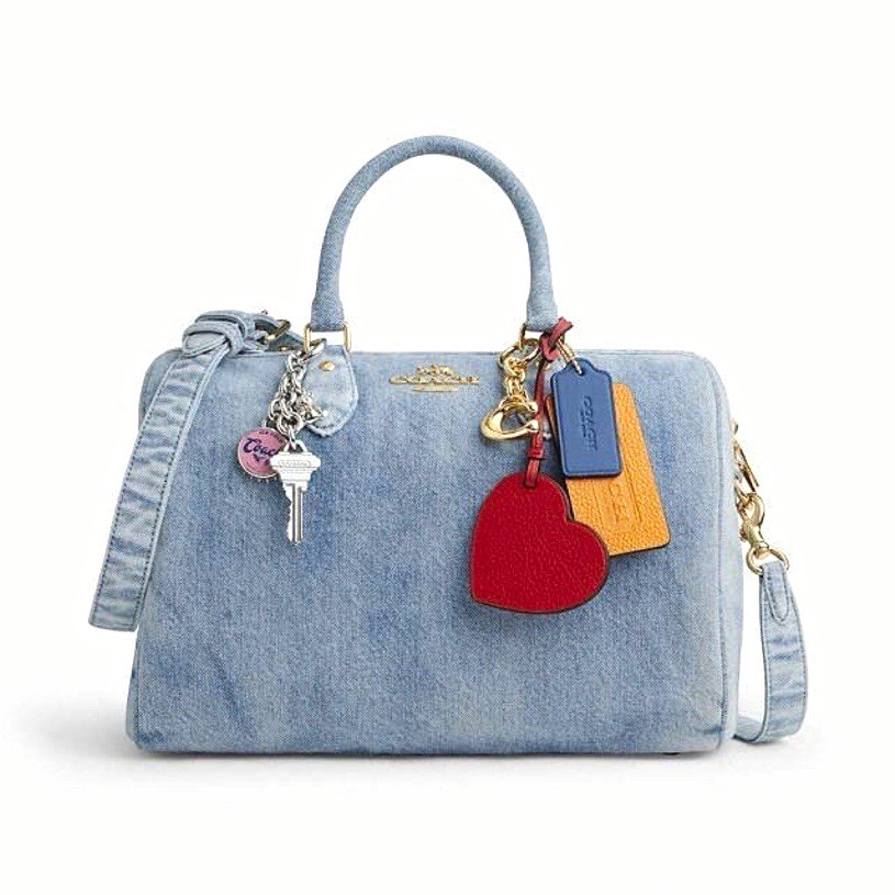 NWT CDY75 Coach Rowan Large Satchel Bag In Loved Denim With Charms Light Indigo