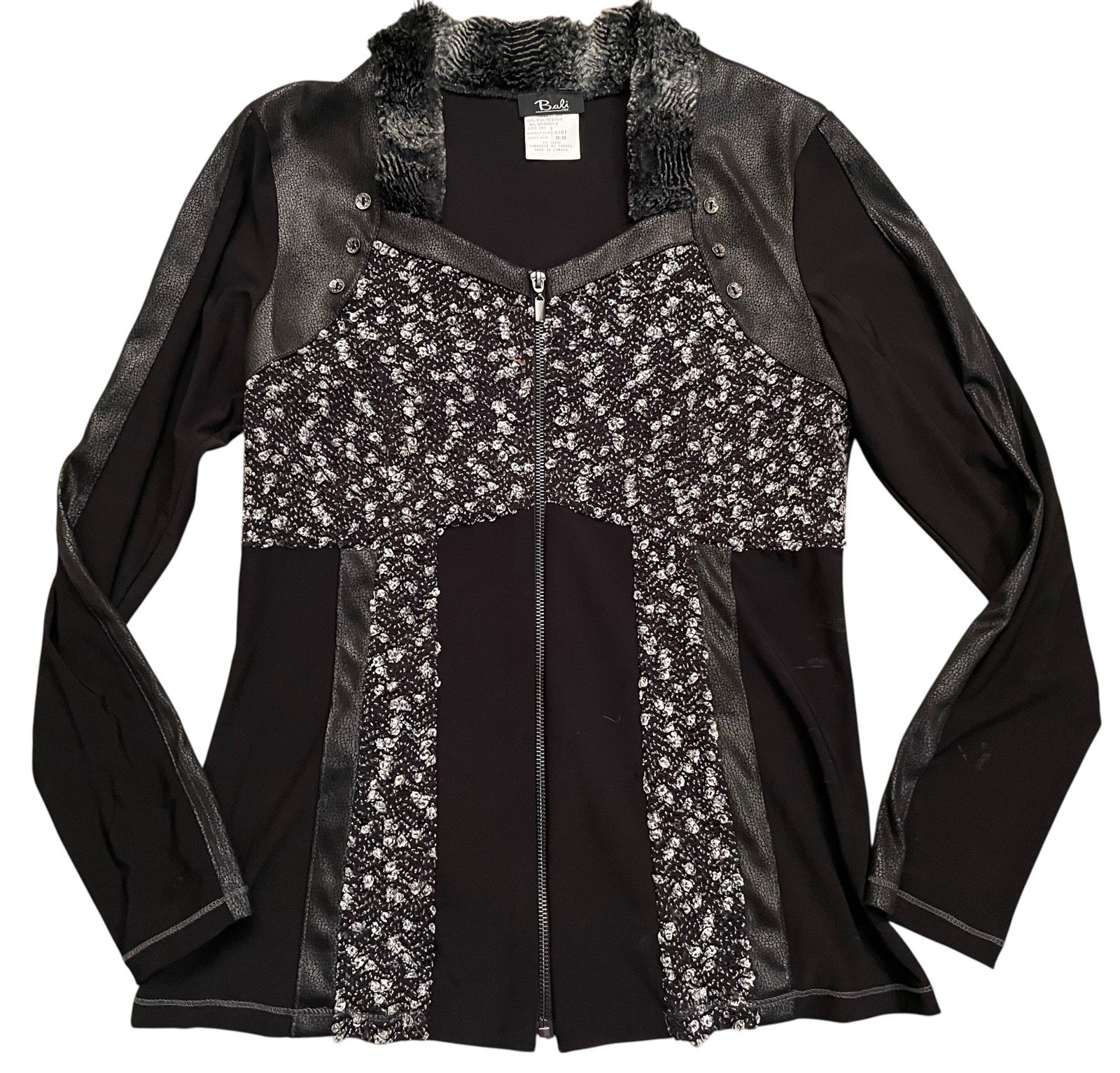 BALI Stretch Black Long Sleeve Zip Up Top Blouse Cardigan womens Medium MD 5781