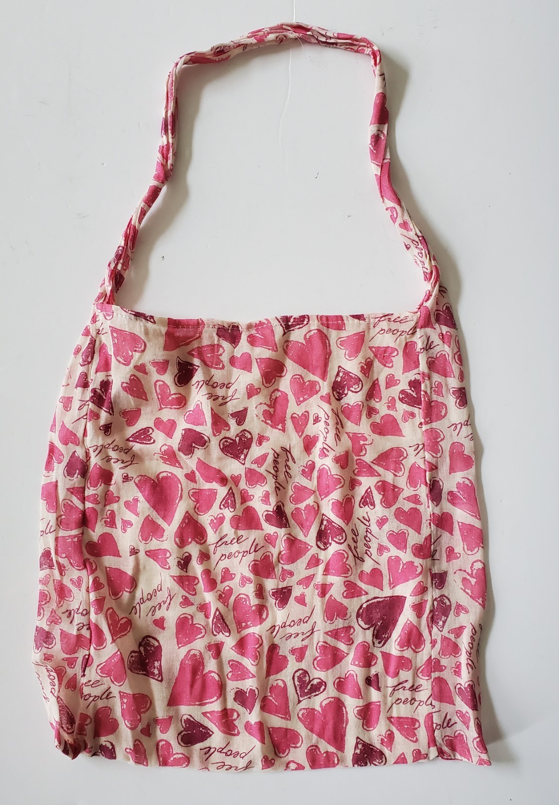 FREE PEOPLE 15×16 Tote Bag Pink Heart Print Gauze Reusable Shopper Boho Handbag