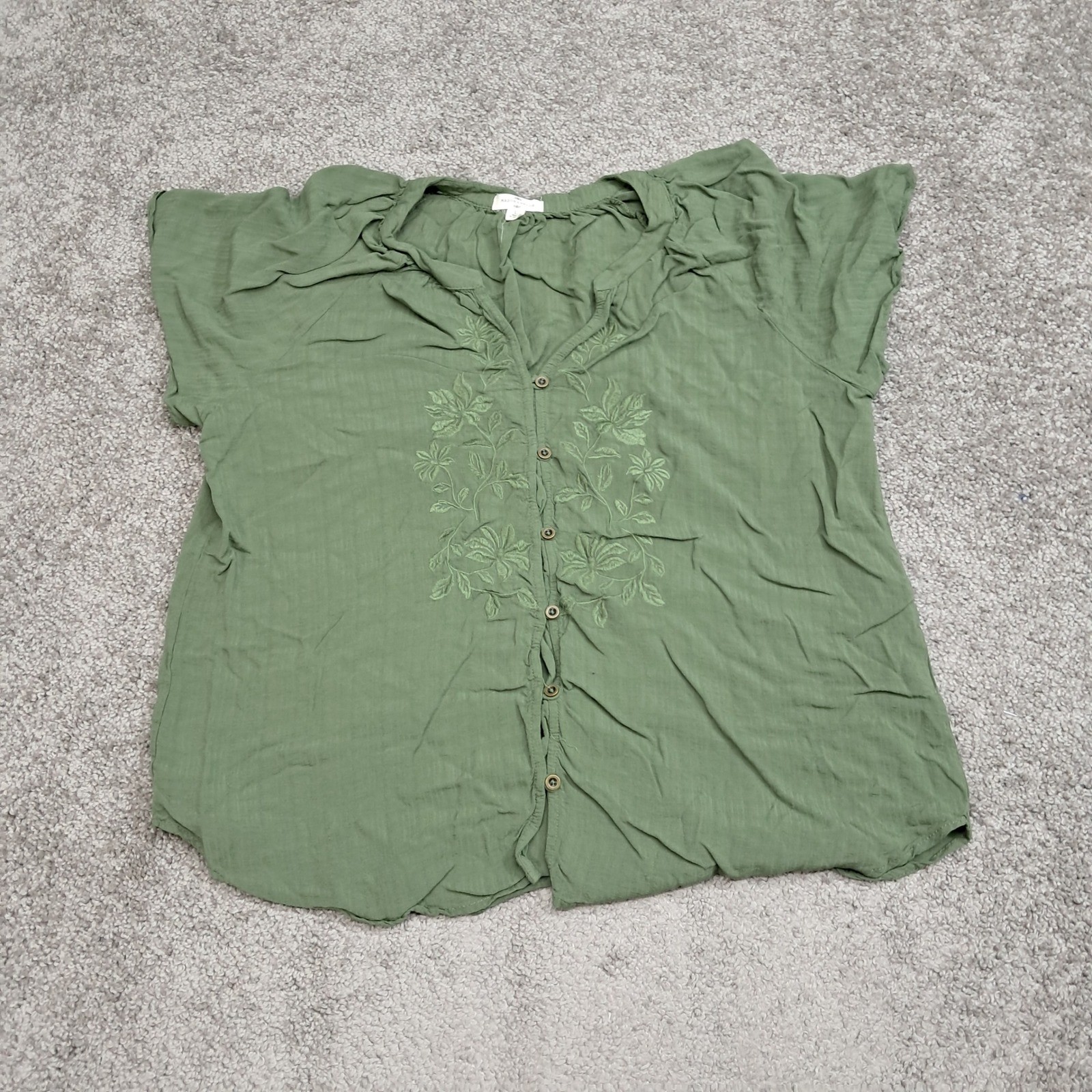 Mason & Belle Womens Olive Green Floral Embroidered Button Front Blouse L