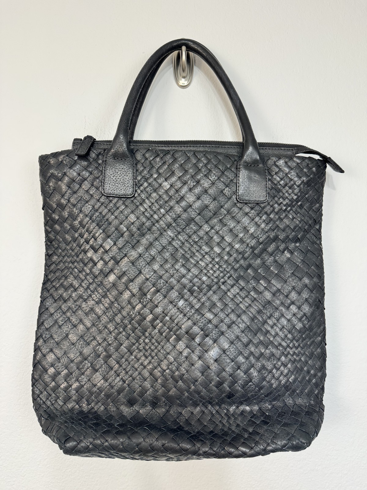 Falor Italia Woven Leather Tote Bag Women’s Large Black Top Zip Made In Italy