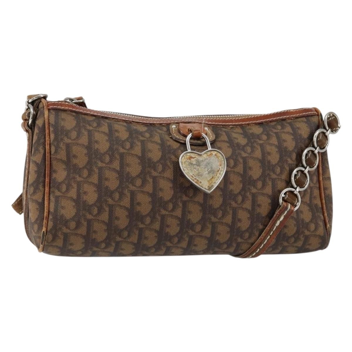 Christian Dior Trotter Canvas Romantic Chain Bag PVC Brown Silver Auth 150521