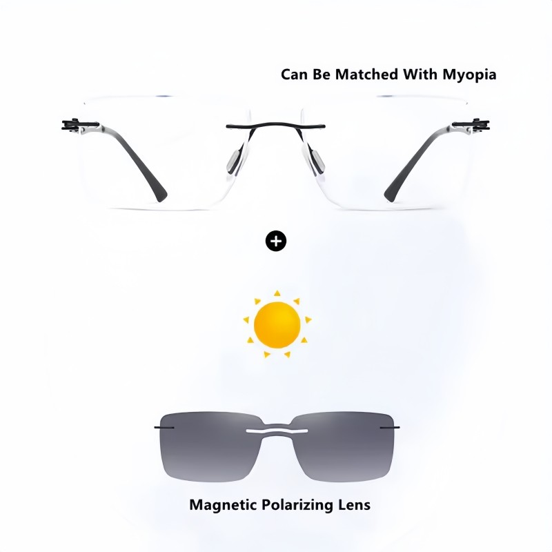 Rimless Polarized Sunglasses Magnet Clip-on Eyewear Fashion Metal Frame Glasses