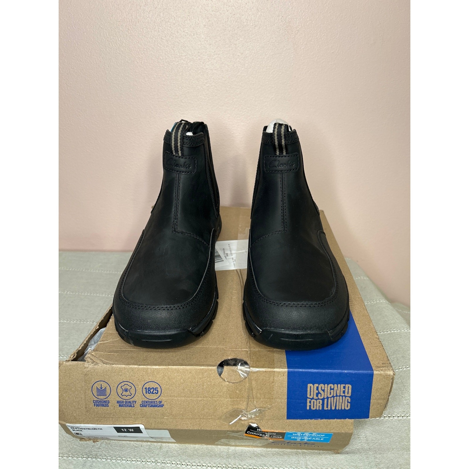 Clarks Men’s Walpath Easy Chelsea Boot Black Leather Size 12 W Waterproof New