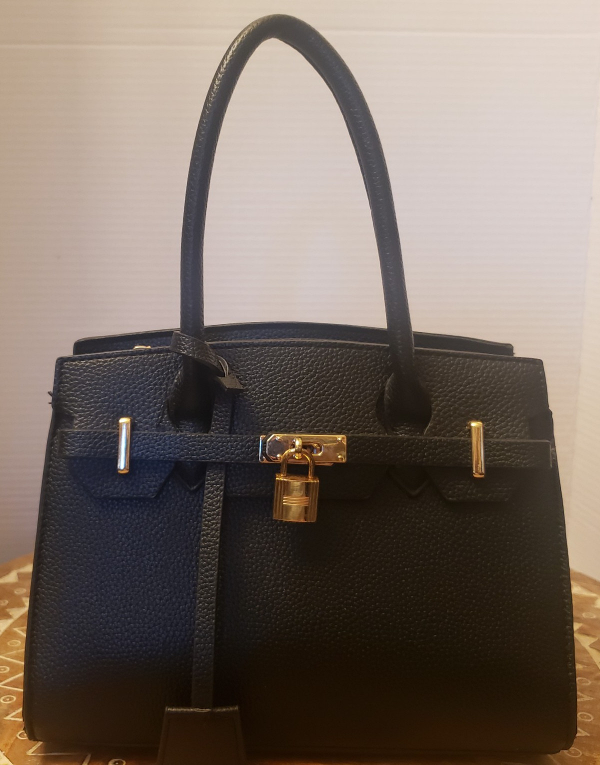 Black Satchel Handbag with Padlock and Gold-tone Hardware
