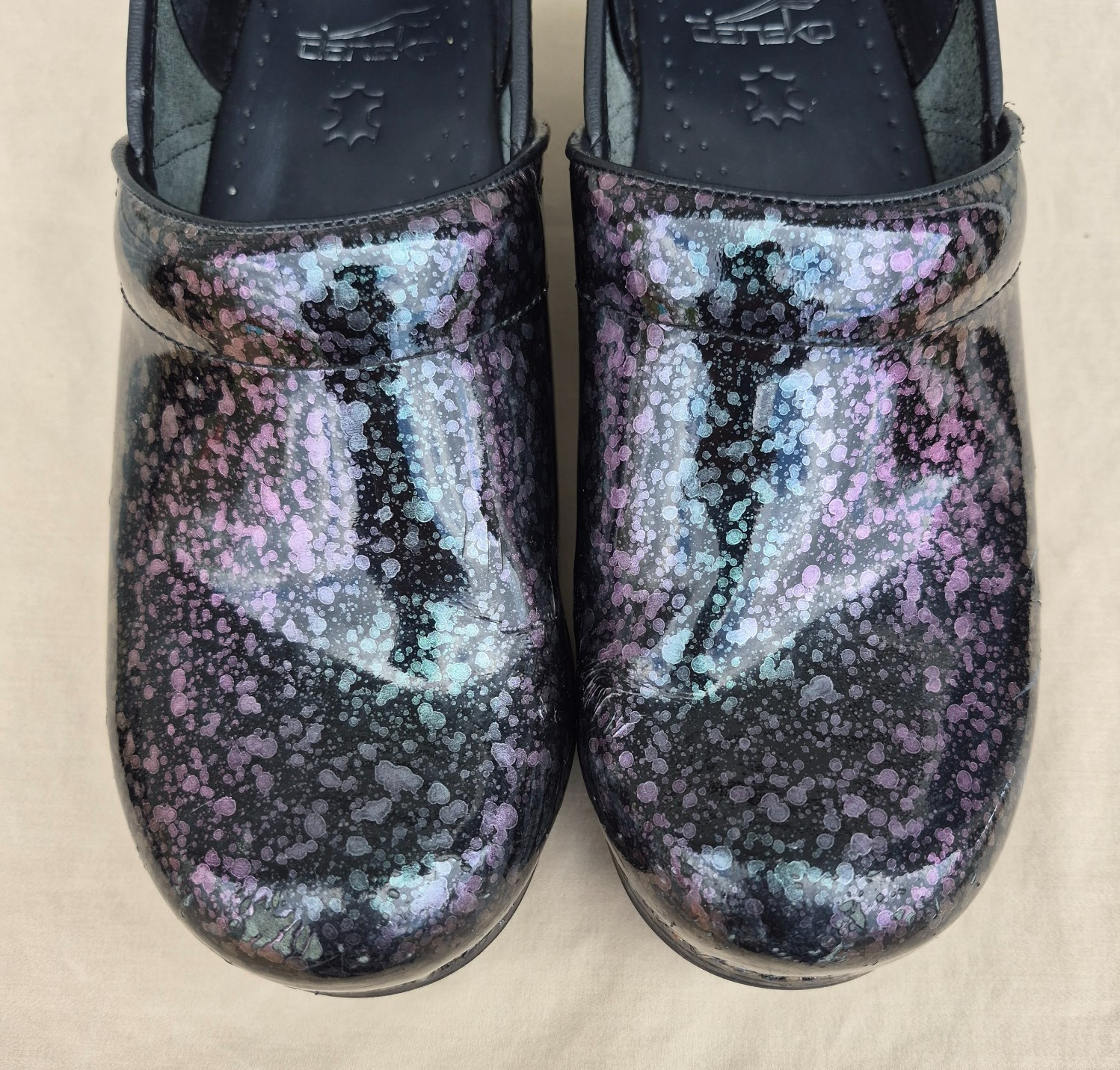Women’s Dansko Patent Professional Clogs Metallic Ink Paint Splat Size: 39