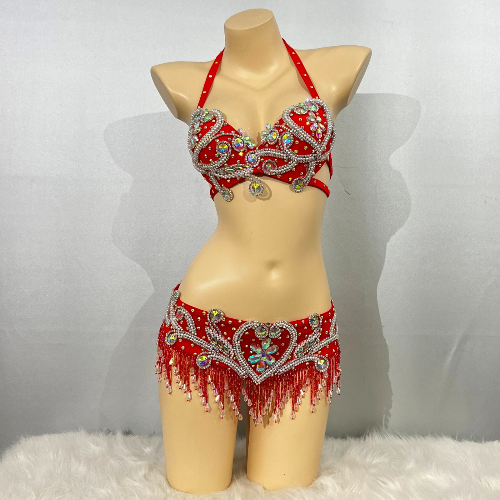Beaded Belly Dance Costume EDC Party Samba Carnival Outfit (Bra Belt) 7 Colors