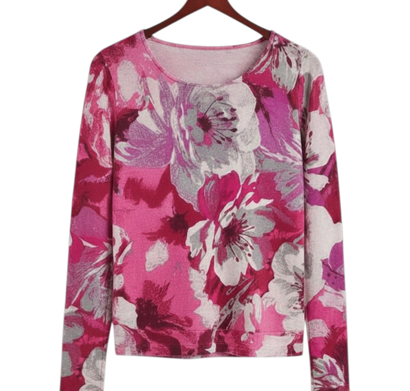 TALBOTS Pure Merino Wool Sweater ABSTRACT FLORAL Pink Purple Gray Beige SIZE M