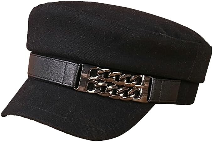 Black Women’s Beret Hat w/ Chain Decorated Peaked Cap Newspaper Hat Vintage
