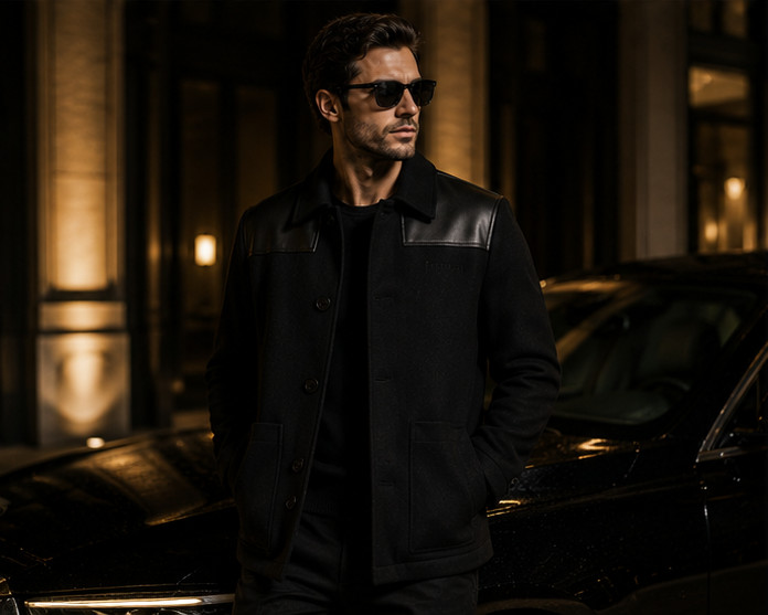 Donkey Jacket Men’s 100% Wool Genuine Black Leather Patches Winter Warm Coat