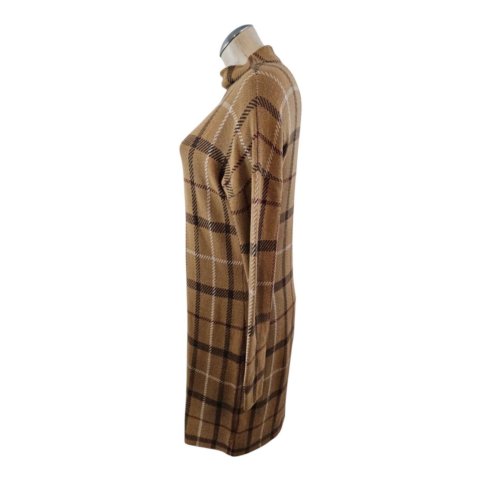 Rachel Zoe Size M Tan Plaid Sweater Dress Windowpane Knit