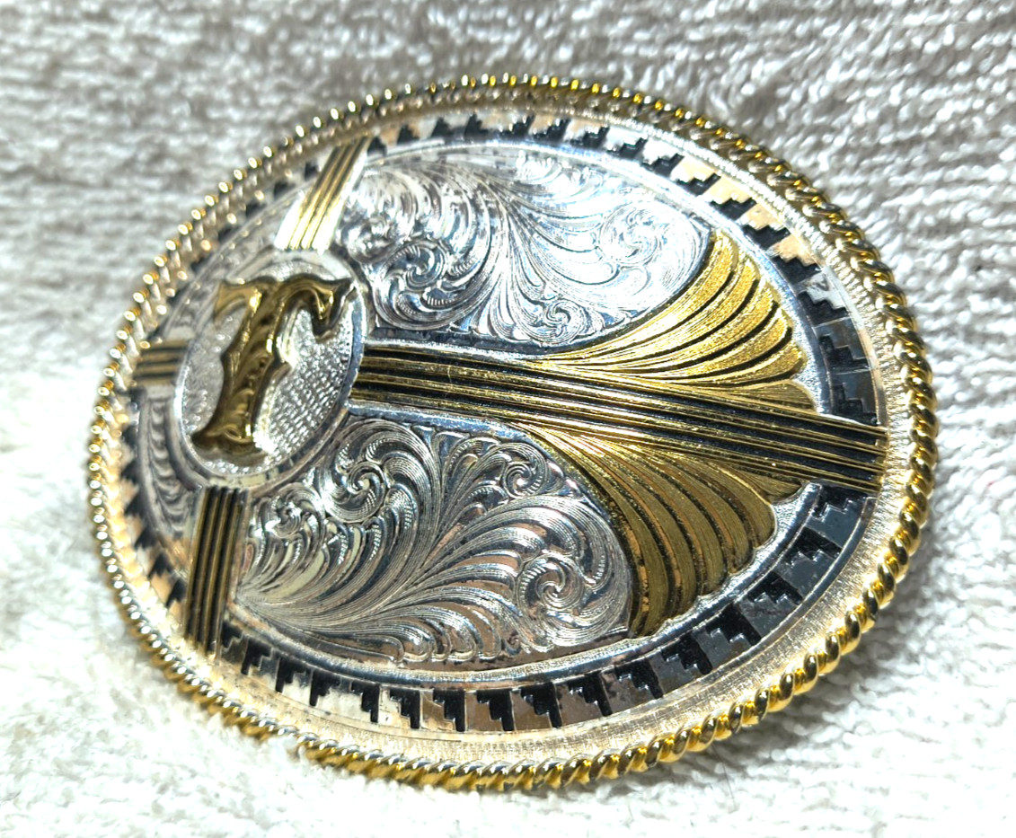 Montana Silversmiths Letter T Buckle Aztec Rope Edge Silver Gold Oval Vintage