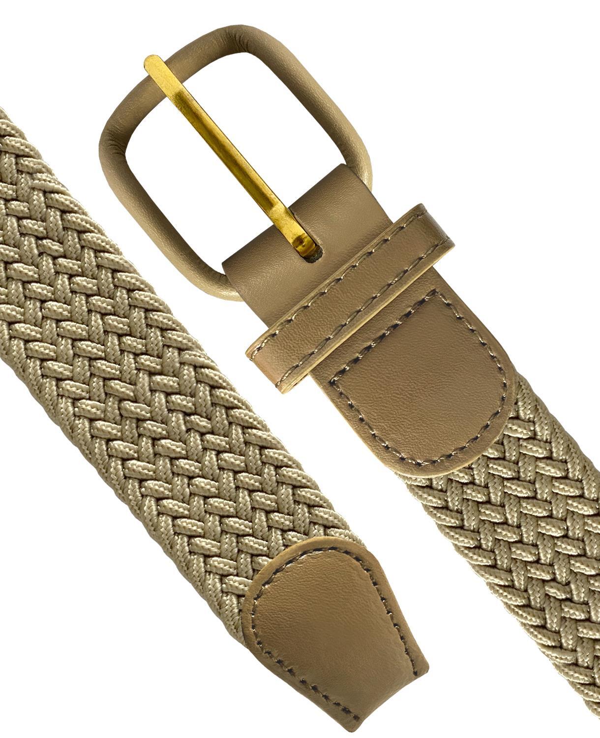 Beige Belt Leather Covered Buckle Woven Elastic Stretch Belt 1-1/4″ Wide